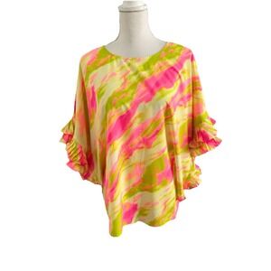 Jodifl COLORFUL FUN ARTSY pink & yellow Top size Med Ruffle Pleated Sleeves EUC